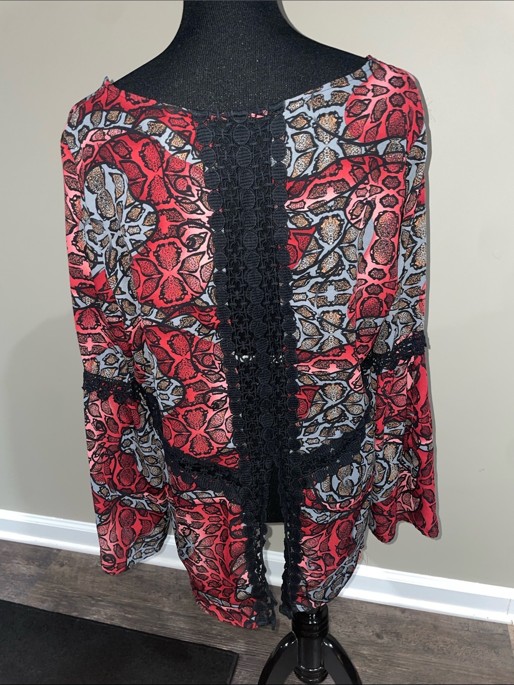 Red, Black and Light Blue Abstract Animal Print Long Sleeve Top